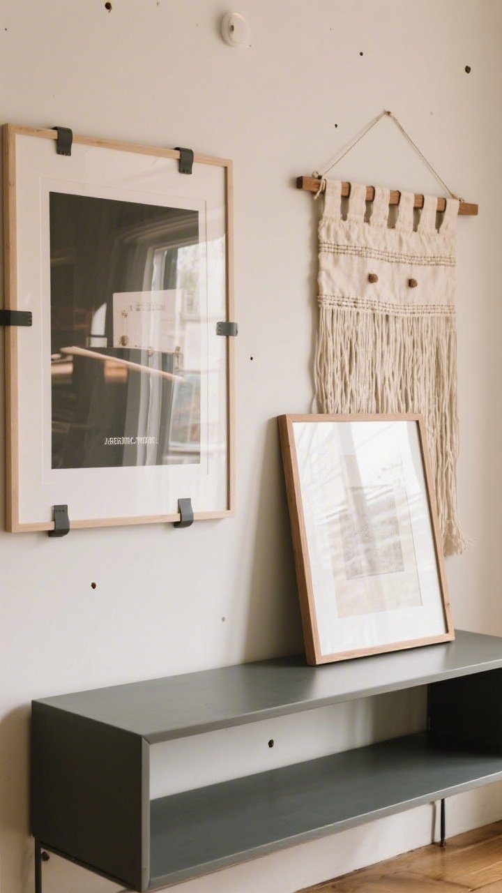 A straight-on medium shot of a console wall featuring one oversized framed poster hung with large command strips and a second large frame leaning casually on the console; include a fabric wall tapestry clipped to wooden battens for a tailored look; soft natural light, minimal nail holes