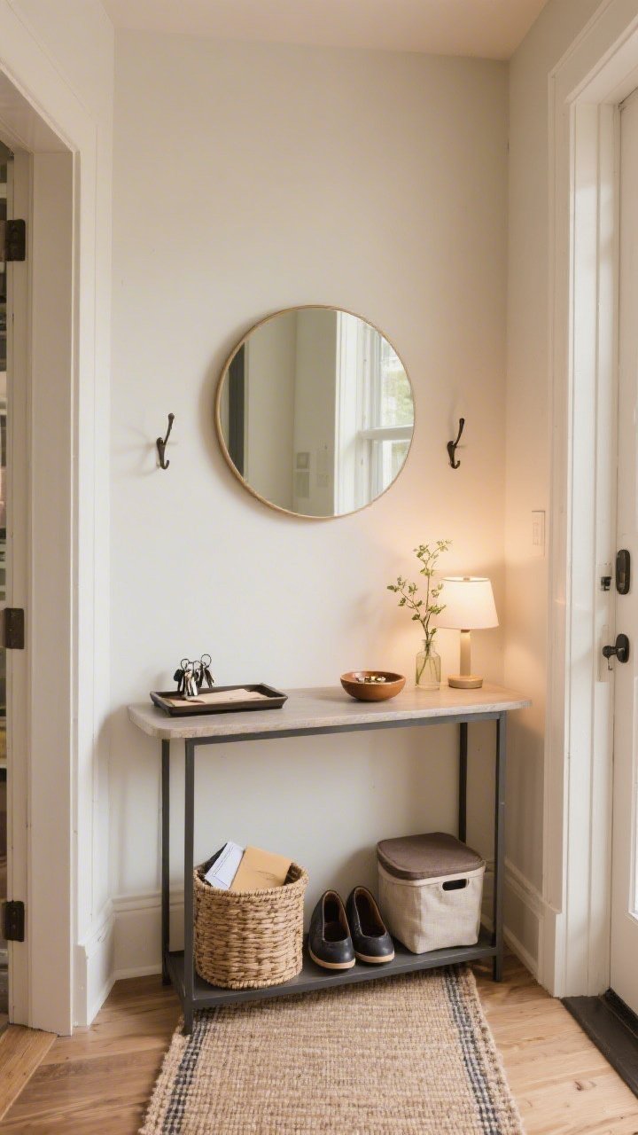 A straight-on medium shot of a curated entryway: a slim console table with a round mirror above to bounce light, a couple of simple wall hooks, a runner defining the zone; a tray corralling keys and mail, a lidded basket for shoes below, and a small bowl for pocket change; a tiny lamp and bud vase add personality, warmly lit and tidy