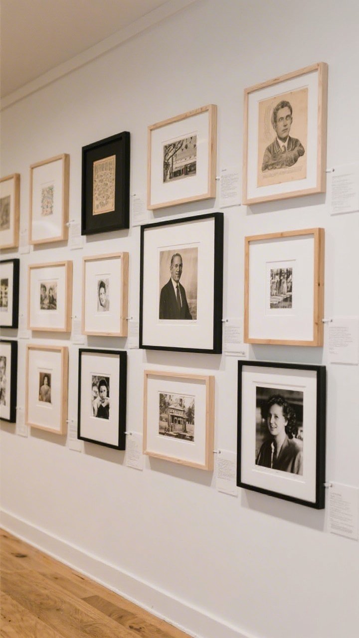 A straight-on, medium shot of a curated gallery wall: one larger hero piece centered, surrounded by tightly spaced (2–3 inches) frames mixing only black and light wood finishes; art includes printable vintage pieces and personal photos with crisp white matting for a museum vibe; Command strips subtly visible on a lower frame, consistent color story throughout