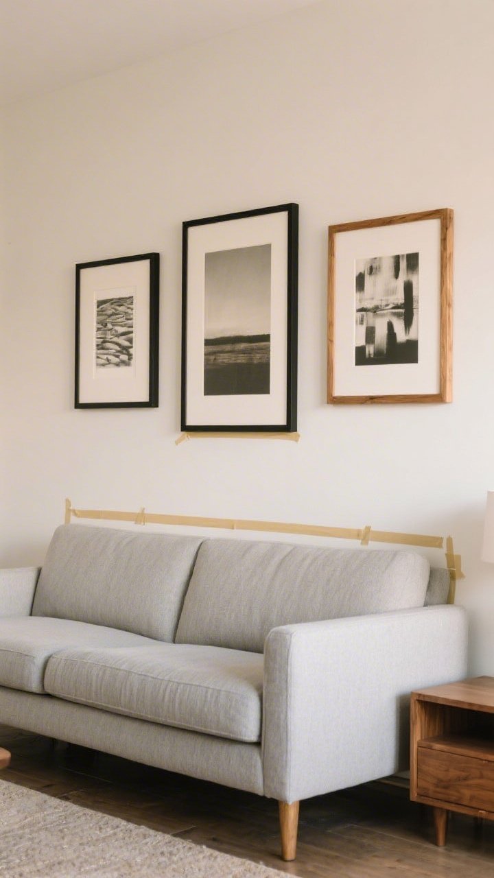 A straight-on medium shot of a living room wall showcasing perfectly rehung art: a trio in a tight gallery grid with 2–3 inches spacing, centers at 58 inches from the floor. Over a light gray sofa, a larger framed print sits with its bottom 8 inches above the sofa back. Painter’s tape pieces still visible on a side console for realism. Frames in black and natural oak. Balanced, intentional composition with even, warm interior lighting.