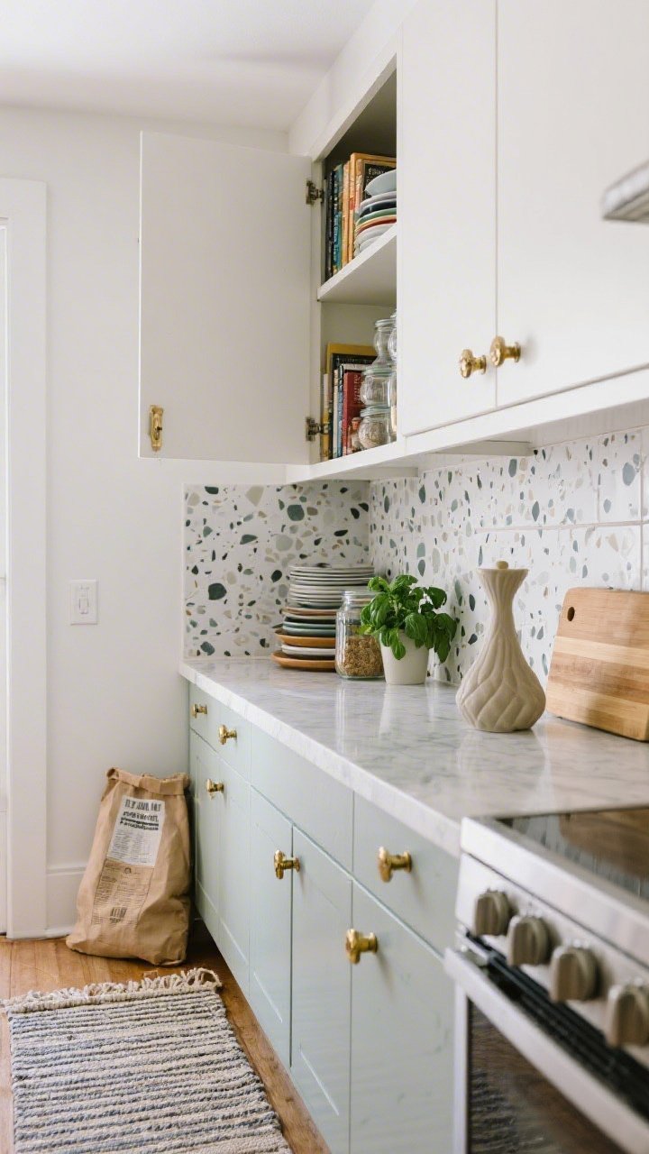 A straight-on medium shot of a renter-friendly kitchen: peel-and-stick backsplash in terrazzo style, freshly swapped brass hardware on cabinet doors (originals in a labeled bag on the counter corner), a flatweave runner along the galley; one cabinet door removed to create a neat open-shelf moment with stacked dishes, cookbooks, and glass jars; counters 70% clear with a cutting board stack, a single sculptural olive oil decanter, and a small basil plant