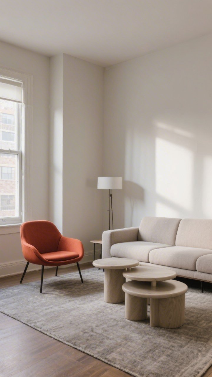 A straight-on medium shot of a small apartment seating area featuring a right-sized 72-inch apartment sofa with slim-profile arms, a bold single statement armchair, and nesting tables partially tucked in; neutral walls, confident proportions without miniatures, soft window light creating balanced shadows and depth