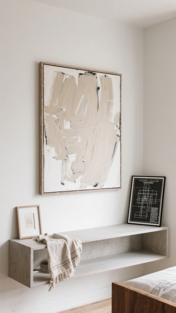 A straight-on medium shot of a small wall anchored by one oversized DIY artwork: a large neutral abstract canvas with broad brushstrokes framed simply and hung at eye level above a console; nearby examples include a framed fabric remnant and a black-and-white engineering print leaning; minimal decor to avoid clutter, daylight, photorealistic