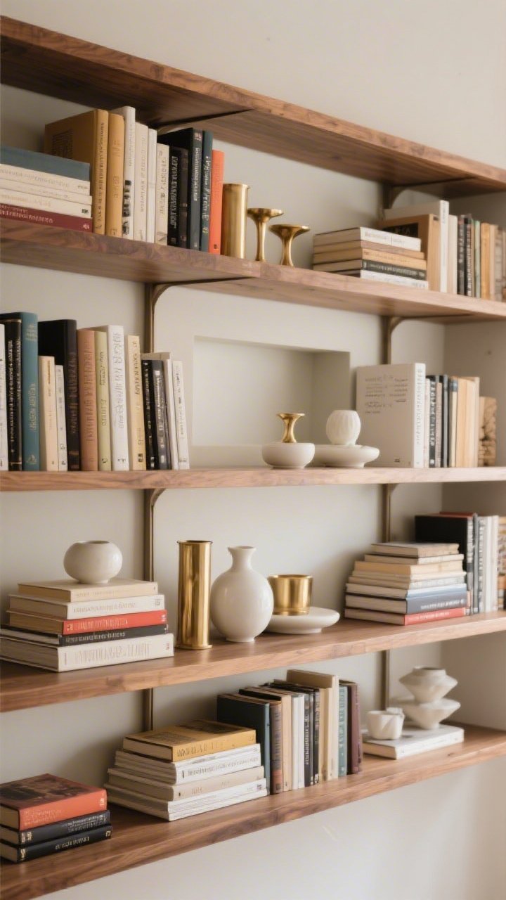 A straight-on, medium shot of a styled bookshelf at eye level: about 60% books and 40% objects; books mostly vertical with a few horizontal stacks topped by small ceramics; repeated materials (wood, brass, white ceramic) creating rhythm; one intentional empty space per shelf; optional color-coded spines for visual order; soft ambient light and crisp detail.