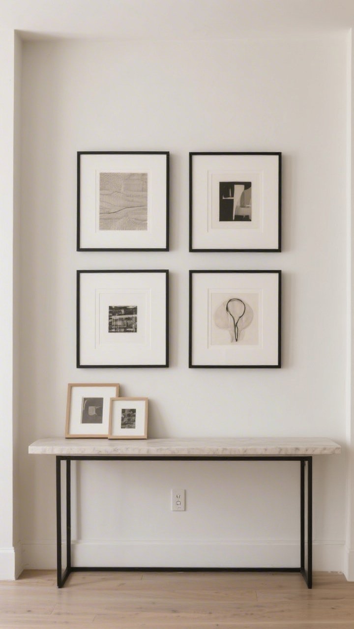 A straight-on medium shot of a wall with framed art hung so the center sits at 58 inches from the floor; a cohesive gallery with 2–3 inches between frames, all in matching slim black frames for calm; a console below with a couple of frames leaning casually for an editorial touch, soft even lighting showing precise placement