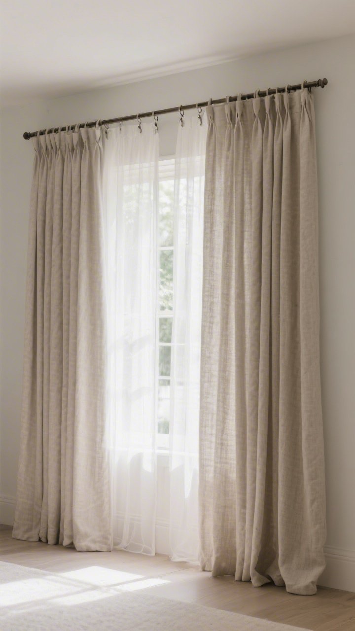A straight-on medium shot of a window dressed high and wide with linen-look curtain panels hung on a double rod: airy sheers behind and blackout panels in front; curtain clips give a tailored drape; fabric in a wall-matching neutral creates a calm, elevated feel; gentle daylight brightens the room.