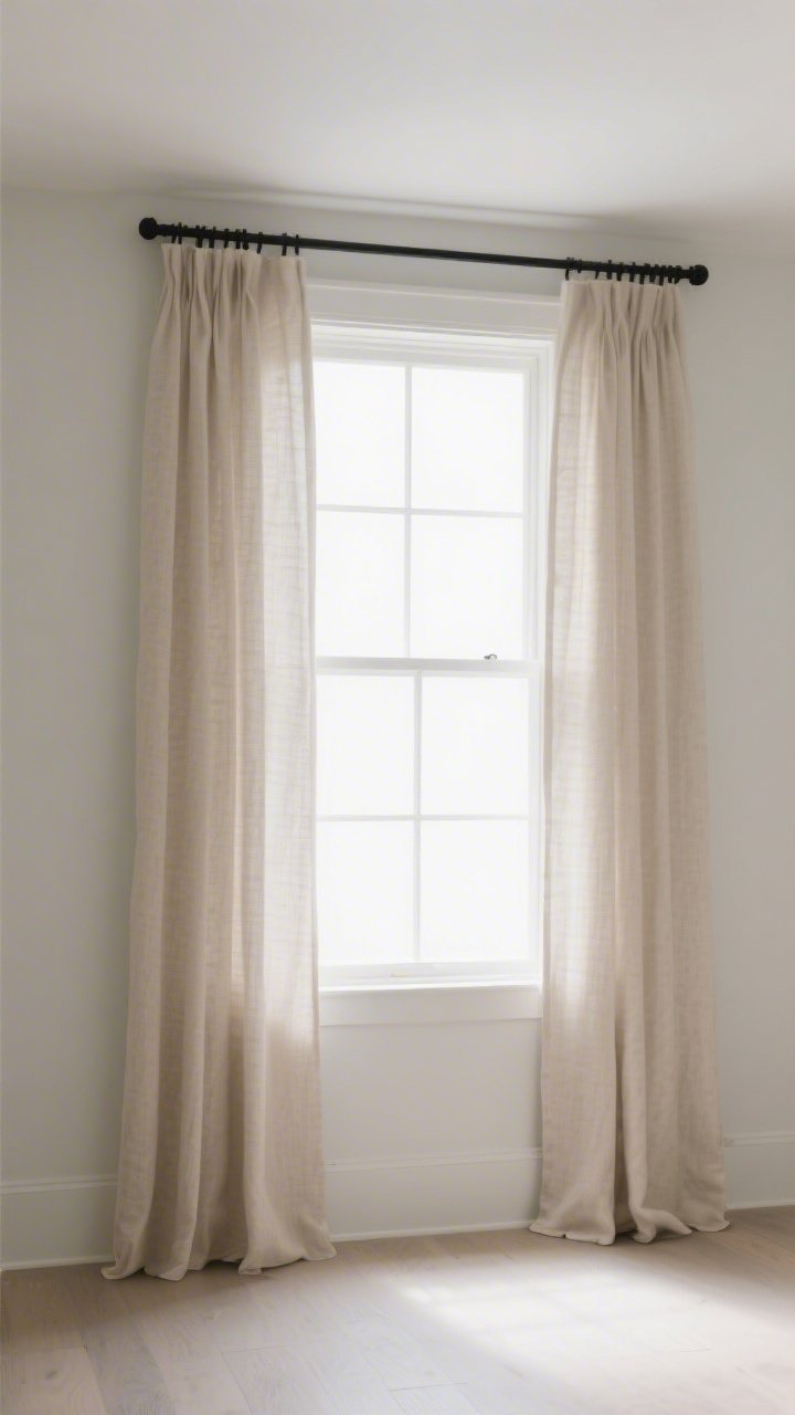A straight-on, medium shot of a window framed by linen-look curtain panels in soft oatmeal, hung high on a slim black rod mounted 6 inches above the frame and extending 10 inches wider on each side; panels skimming the floor with a tiny 1-inch break, bright daylight streaming in, making the ceiling feel taller and the window appear larger