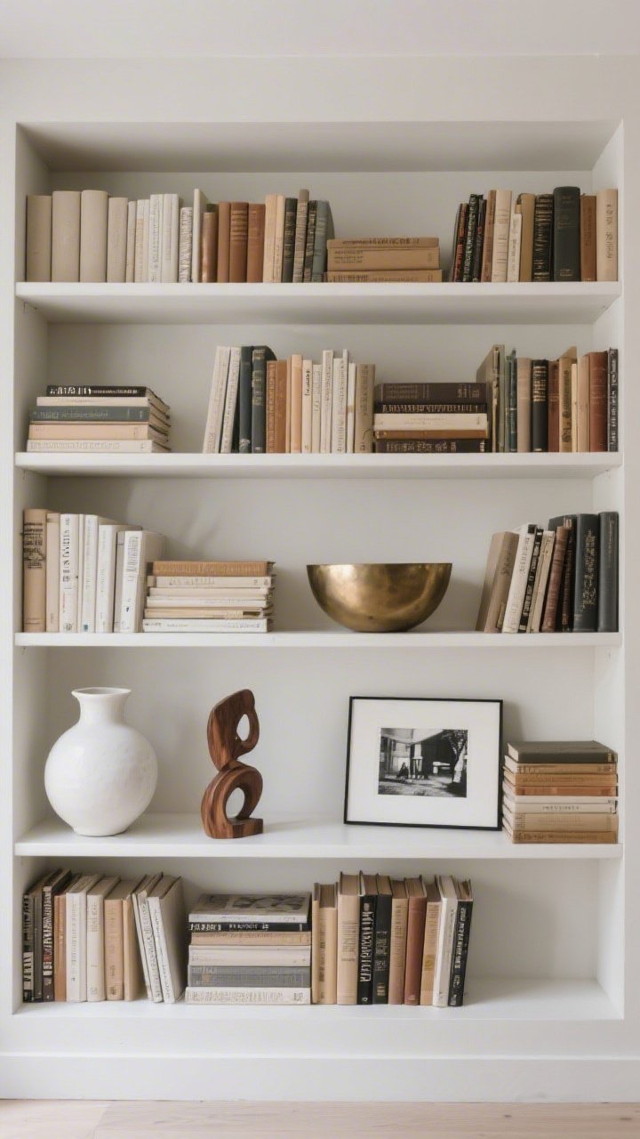 A straight-on medium shot of built-in bookshelves styled by the 60/30/10 rule: 60% mixed-orientation books with coordinated spines in muted earth tones, 30% decor including a white ceramic vase, a brushed brass bowl, a small wood sculpture, and a framed black-and-white photo leaning in front of horizontal stacks, and 10% clean negative space. One small art print slides in front of books for low-key museum vibes. Even natural light, crisp and editorial.