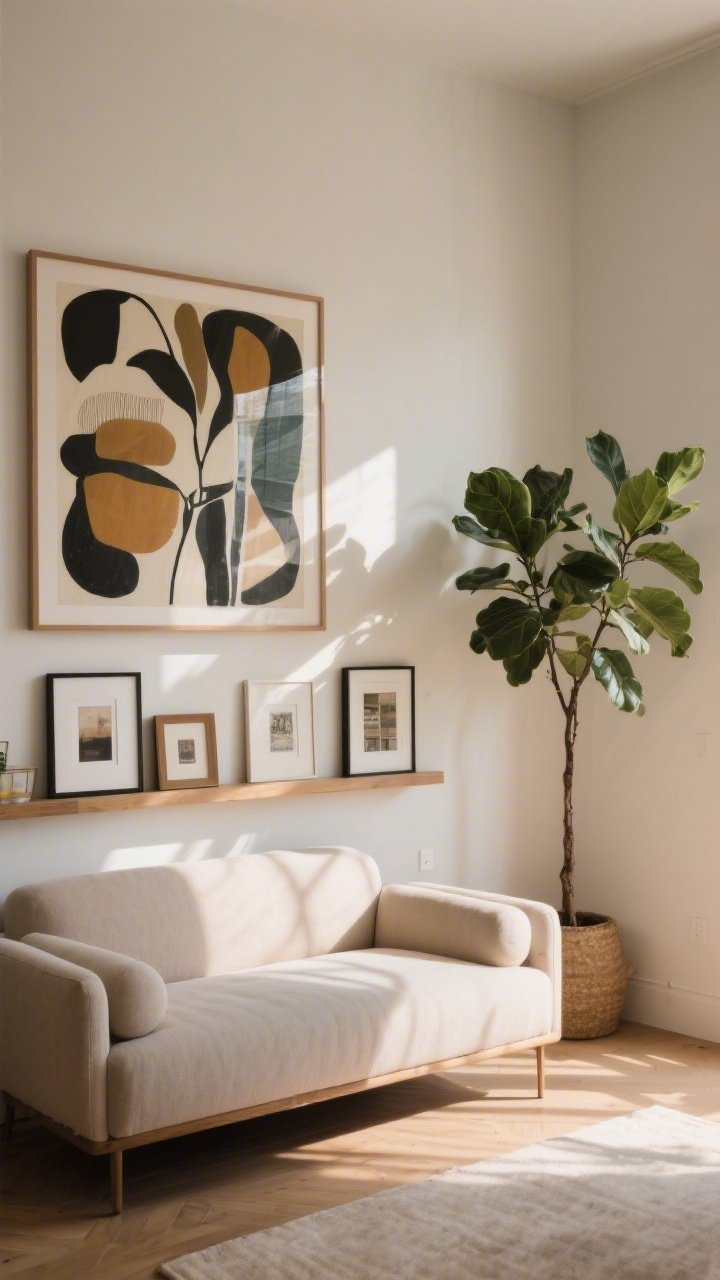 A straight-on medium shot of curated art and decor: one oversized statement artwork above a loveseat, a picture ledge with a few frames for easy swapping, and a single tall floor plant adding life; cohesive frames and mats, minimal scatter, warm afternoon light for a gallery-like calm