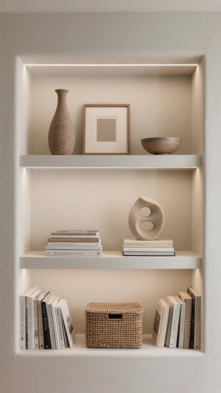 A straight-on medium shot of styled built-in shelves using the 3-2-1 formula: top shelf with three objects of varied height (tall vase, medium frame, small bowl), middle shelf with two stacks of horizontally arranged books topped with a sculptural object, bottom shelf with a single woven box; some books turned with pages out for a neutral look; gentle indirect light emphasizing textures.