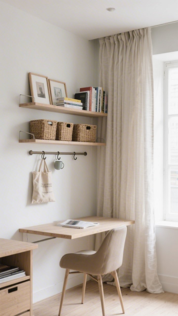 A straight-on medium shot of vertical storage: two floating shelves stacked above a compact desk holding books, frames, and matching baskets; a wall rail with hooks holding a canvas tote and mugs; ceiling-high linen curtains mounted near the ceiling pooling slightly on the floor; bright natural light, tidy and cohesive look, photorealistic