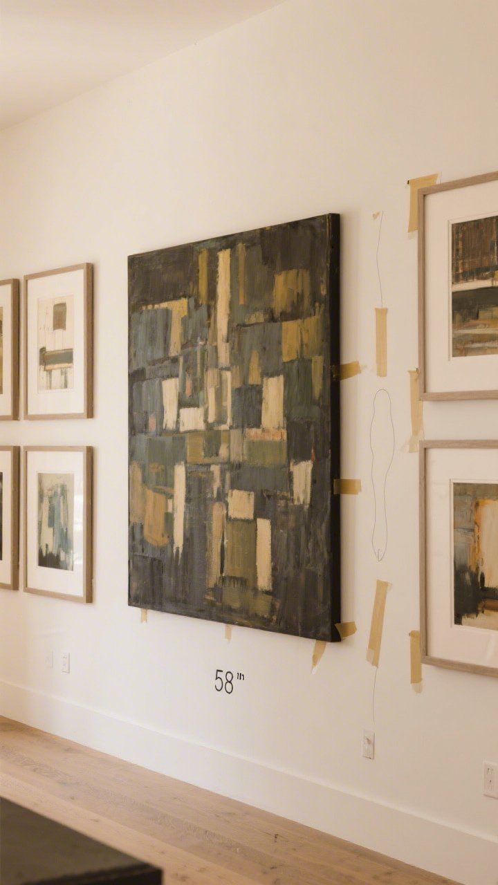 A straight-on medium view of a gallery wall done right: large-scale art centered at 58 inches from the floor, with either matching frames around varied art or varied frames within a consistent color palette; painter’s tape ghost outlines visible on one side as a planning cue; neutral walls with warm white paint; balanced, bold scale over scatter