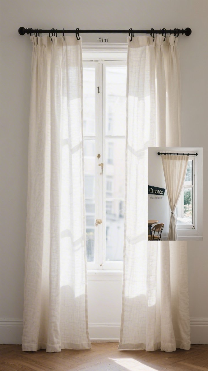 A straight-on view of a window with perfectly hung curtains: curtain rod mounted 6 inches above the frame and extending 10 inches past each side; tall off-white linen-blend panels just kissing the floor with a subtle 1-inch break; matte black rod and ring clips for polish; sunlight filtering through softly; include an inset vignette to the side showing a small cafe-curtain on a tension rod inside a narrow window frame for a euro-bistro vibe; fabrics read as natural, not shiny