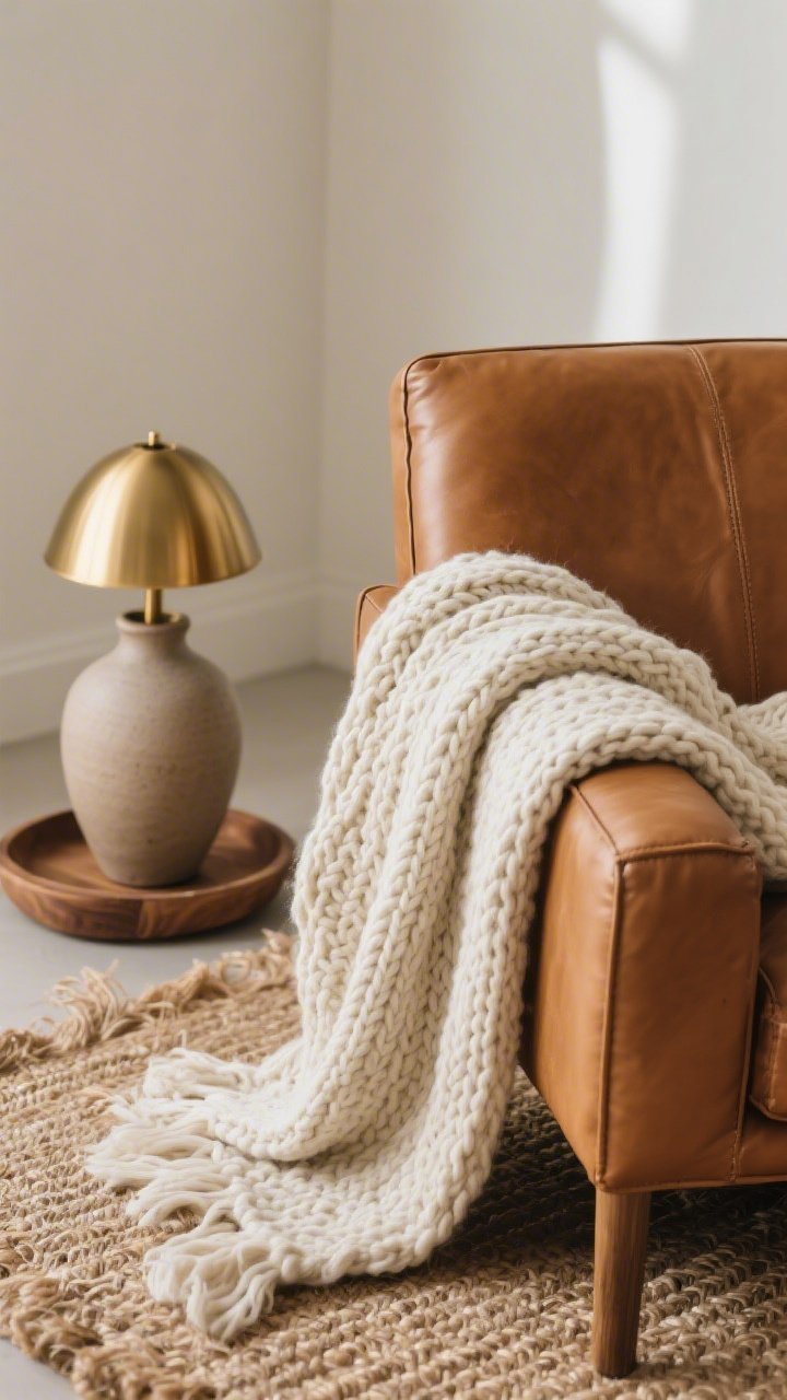 A tight detail closeup of layered textures: a chunky knit throw draped over a smooth caramel leather chair, a brass lamp base catching a soft sheen next to a matte ceramic vase on a wood tray; jute rug fibers visible beneath, neutral palette (cream, tan, brass), shallow depth of field, natural side light, photorealistic
