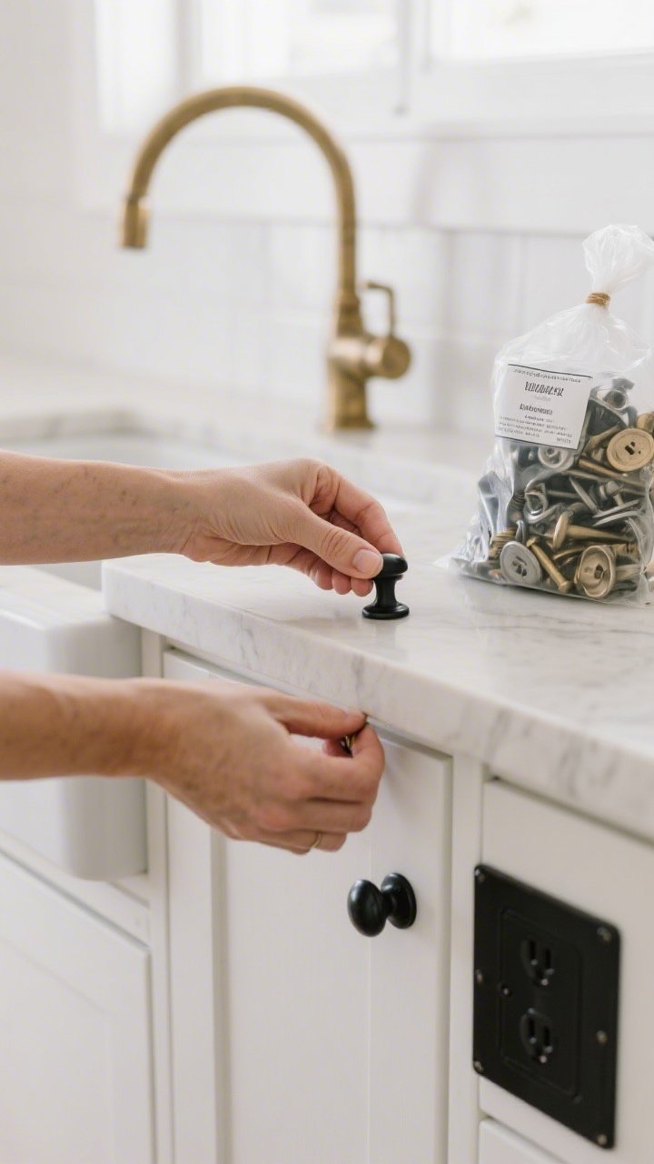 A tight detail shot of hands swapping matte black cabinet pulls on white shaker cabinets, a brushed brass faucet head upgrade at the sink in the background, and a stack of original hardware bagged and labeled on the counter; also include a sleek black metal outlet plate nearby; bright, even kitchen lighting