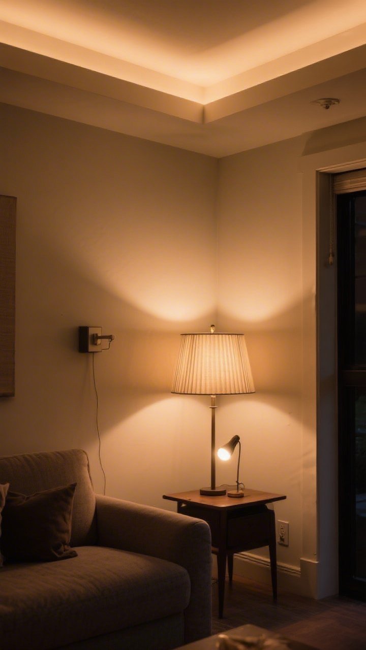 A warm, cozy evening medium shot of a living area with layered lighting: soft ambient overhead glow, a plug-in sconce beside a sofa, and a small task lamp on a side table; a pleated linen lampshade and warm white bulbs (2700–3000K) cast flattering light, with one lamp deliberately placed in the darkest corner to expand the room’s feel.