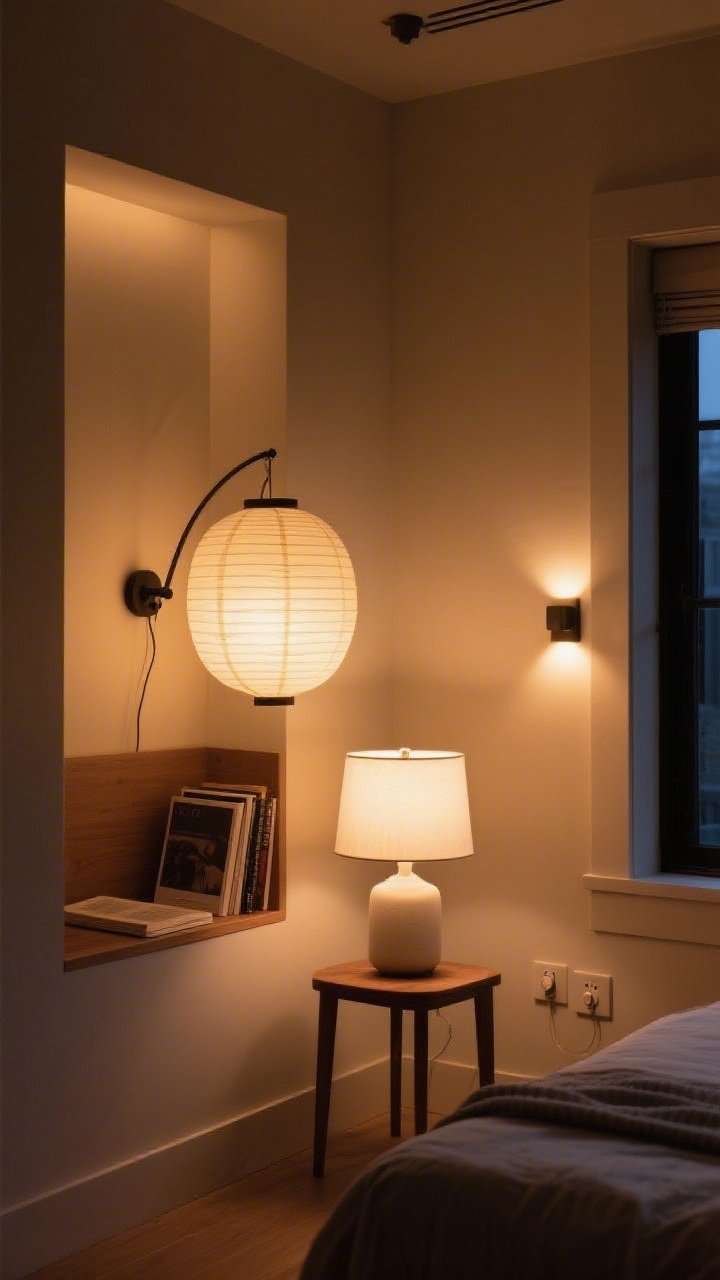 A warm evening medium shot showcasing layered lighting: a plug-in sconce over a reading nook, a large paper lantern casting a soft glow, a table lamp with a warm white 2700K bulb, and a dimmer plug visible at the outlet; lights placed in corners to open the room, cozy ambiance, no harsh overhead glare, photorealistic