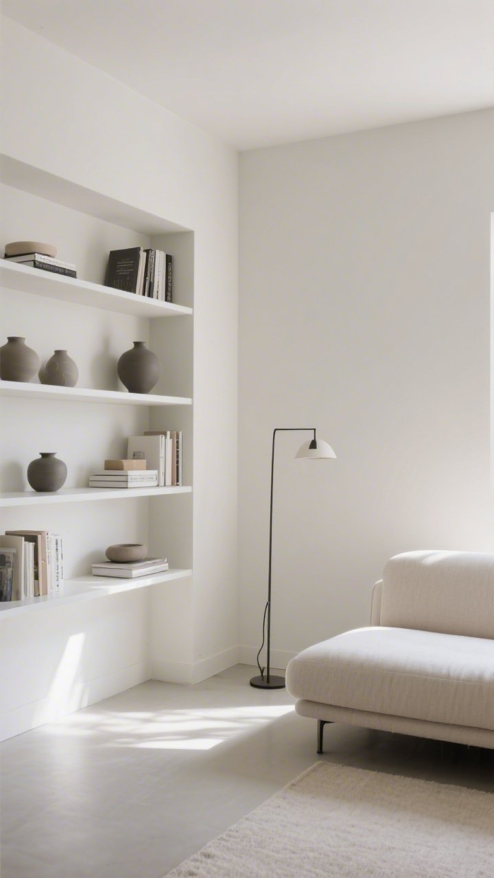 A wide-angle living room from a corner perspective mastering negative space: shelves styled only 60% full with a few matte ceramics and books, generous gaps; sofa floated 4 inches off the wall; an open corner with a single slender floor lamp; airy, uncluttered composition with balanced daylight to emphasize breathing room.