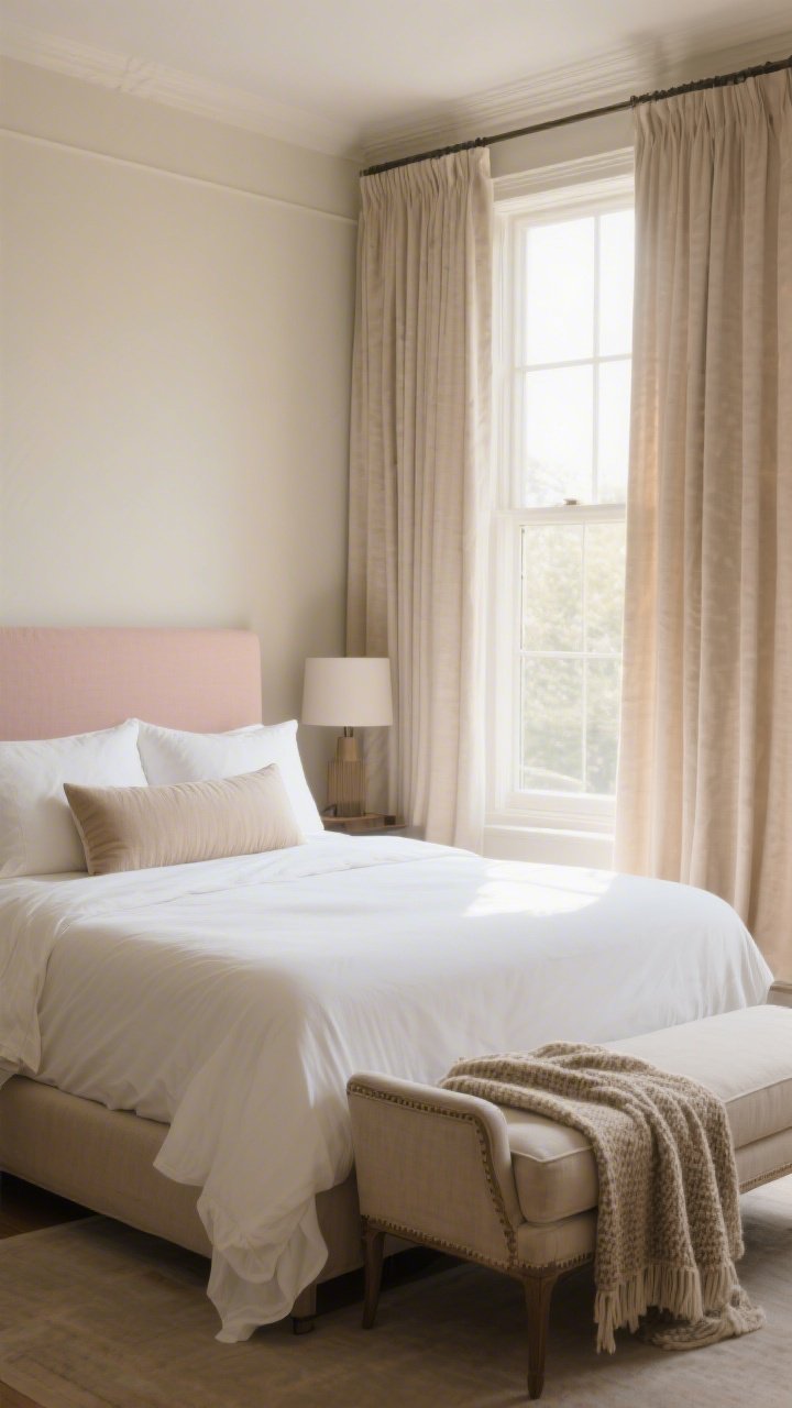 A wide bedroom shot highlighting fabric fixes: curtains hung high and wide near the ceiling extending past the window, a neatly made bed with a crisp white duvet, two Euro shams, and one long lumbar pillow; a tailored slipcover on a tired sofa at the foot of the bed or a textured throw draped over a chair; tight color palette of warm neutrals with one soft accent, bright morning light.