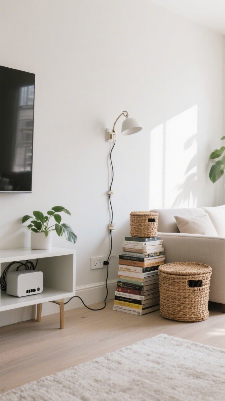 A wide, clean living room scene focused on concealment: cords routed through a painted-to-match wall cable cover, adhesive clips guiding a lamp cable neatly down a baseboard, a cable box tucked under the media console; a lidded woven basket duo beside the sofa for clutter, a decorative book stack in front of a discreetly hidden router, and a plant partially masking a power strip; bright, tidy daylight for a calm, curated feel