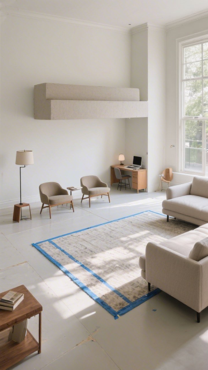 A wide corner-angle shot of a living room layout refresh: a sofa floated off the wall with space behind it, clear walking paths, defined zones including a conversation area with two chairs, a small reading nook with a lamp, and a compact work corner; blue painter’s tape outlines the correct rug size so that front legs of furniture will sit fully on it; afternoon ambient light for clarity.