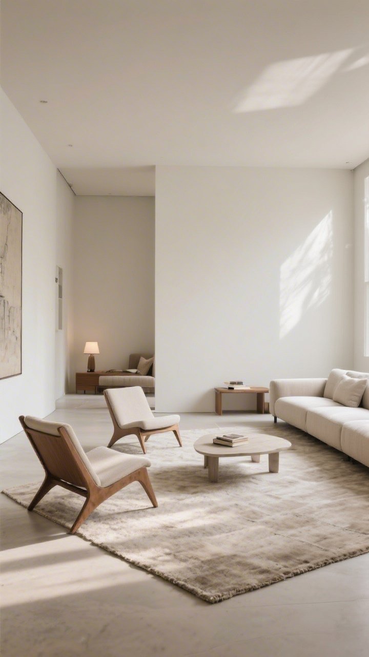A wide, corner-angle shot of a living room showing a clear traffic path and one conversation zone: a sofa anchored on a large neutral rug, a pair of lounge chairs angled 10–15 degrees toward each other around a low coffee table, furniture floated a few inches off the walls, a reading nook defined by a small rug and floor lamp, soft daylight with gentle shadows; emphasize flow and zones without adding new pieces.