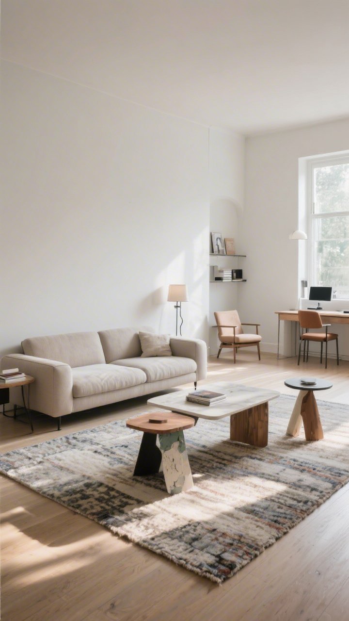 A wide corner-angle shot of a living room with the sofa floated off the wall to create a defined conversation zone, a rug placed at a slight angle under a low coffee table, mismatched-height side tables flanking the sofa, and distinct zones visible: a reading nook with a chair and small lamp, a compact work corner with a desk; natural afternoon light, airy mood, balanced composition.