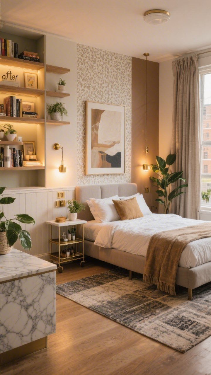 A wide, editorial-style “after” room shot synthesizing the renter-friendly makeover: peel-and-stick accent wall, layered ambient/task/accent lighting with dimmers, swapped matte brass hardware, bookshelf room divider, one oversized art piece, layered rugs and tall curtains, removable wainscoting wallpaper, modular open shelving and bar cart, hotel-style bed with symmetry, lush plants, marble-look contact paper on counters, and a styled console vignette; warm, inviting golden-hour glow; no people, photorealistic finish