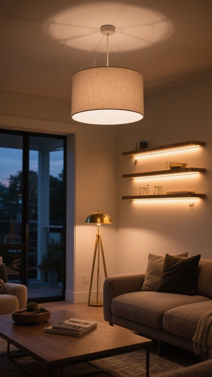 A wide evening shot lit like a movie set: a living room with a simple drum shade overhead fixture replacing a harsh light, a brass floor lamp near the sofa for task lighting, and warm LED strip lights glowing under floating shelves as accent; bulbs at 2700K–3000K for cozy warmth, smart-plug vibe, balanced layers, corner angle.