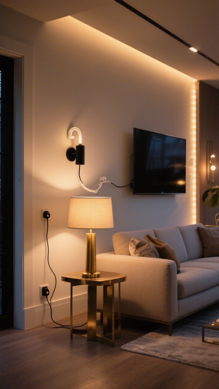 A wide evening shot of a living room with layered lighting: a brass table lamp on a side table, a matte black plug-in sconce above the sofa with a white cable cover neatly hiding the cord, and a subtle LED strip glowing behind a wall-mounted TV; warm 2700K bulbs creating a soft boutique glow, a plug-in dimmer visible on a lamp cord, and mixed metals harmonizing in the scene