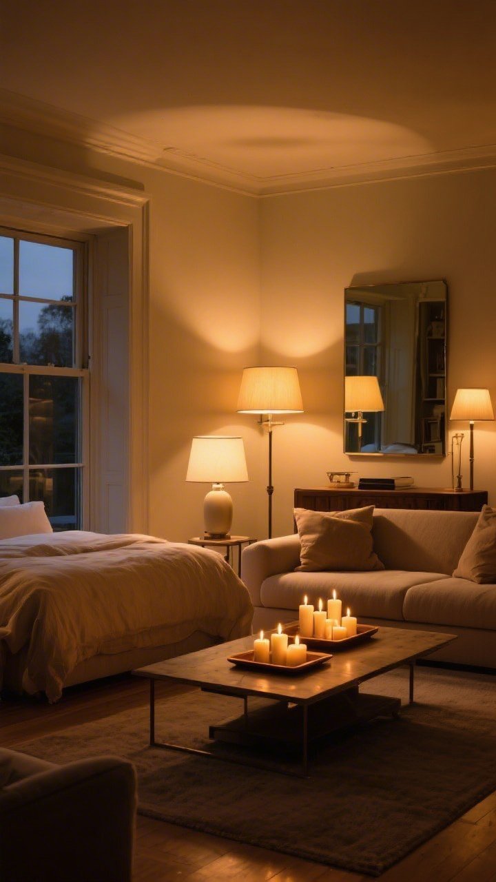 A wide evening shot of a living room with layered lighting: a bedroom lamp moved beside the sofa creating warm ambient glow, a different lampshade on a side lamp softening light, a mirror placed opposite a window reflecting lamplight, and a cluster of candles on a tray on the coffee table; cozy, golden illumination with subtle shadows.