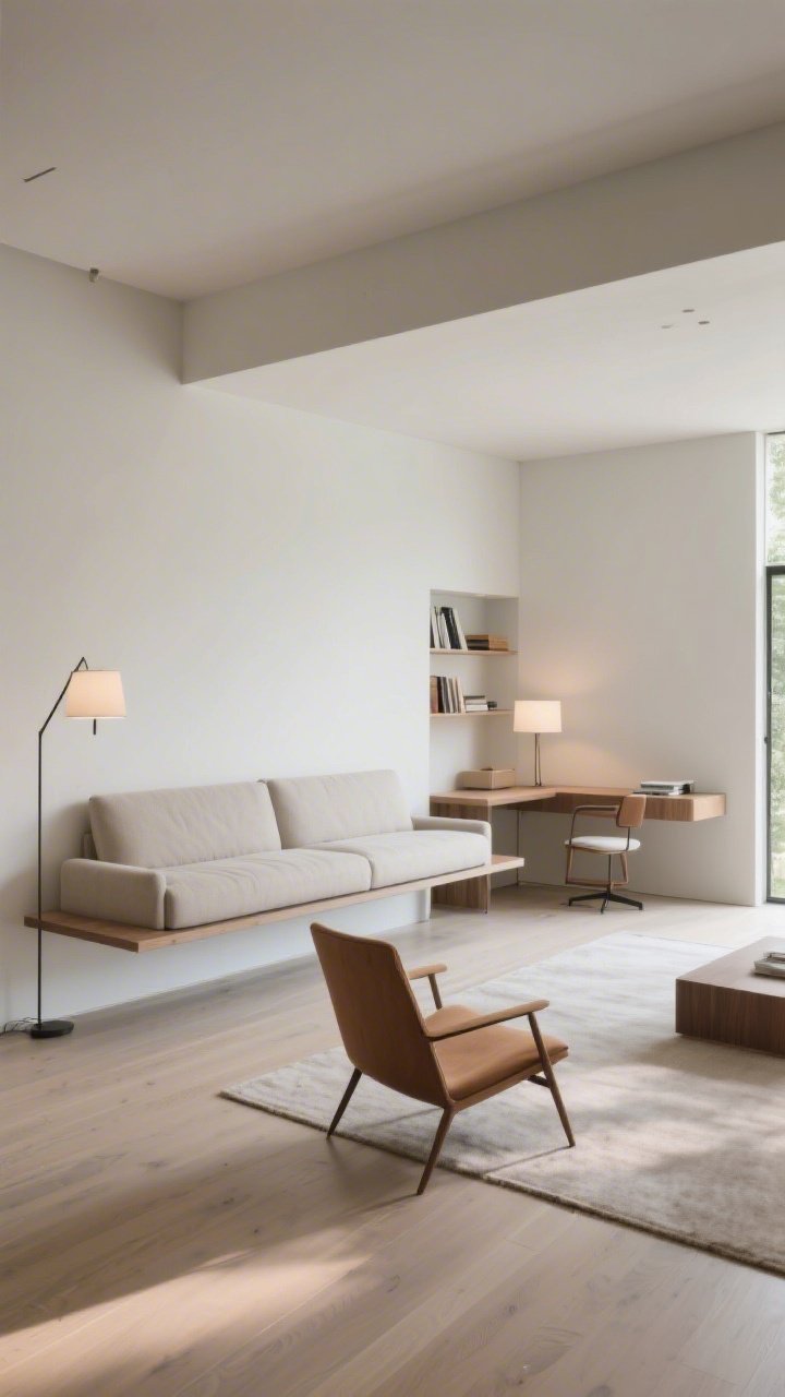 A wide layout-focused living room showing floating and angled pieces: a slim sofa floated a foot off the wall with a narrow console behind it, an accent chair angled to open sightlines, and a purposeful corner reading nook with a compact corner desk; clean circulation paths, balanced natural and lamp lighting, edited and refined finish