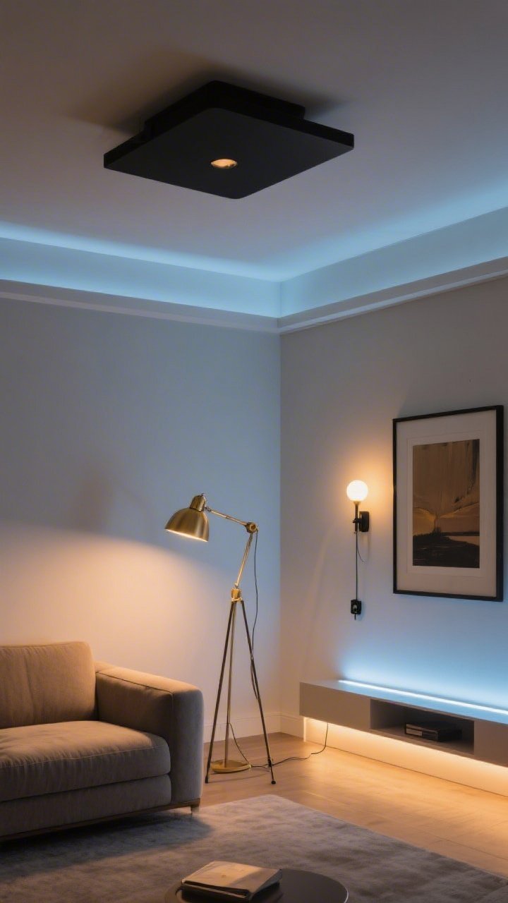 A wide living room scene showing layered lighting: a stylish matte black flush-mount ceiling light for ambient, a brass adjustable floor lamp beside a sofa for task lighting, and a plug-in sconce over a framed artwork as accent; include warm, dimmable bulbs at 2700K casting a cozy glow; LED strip softly illuminating a shelf edge; mood is chic and inviting, no harsh blue light; straight-on perspective capturing all three layers at once