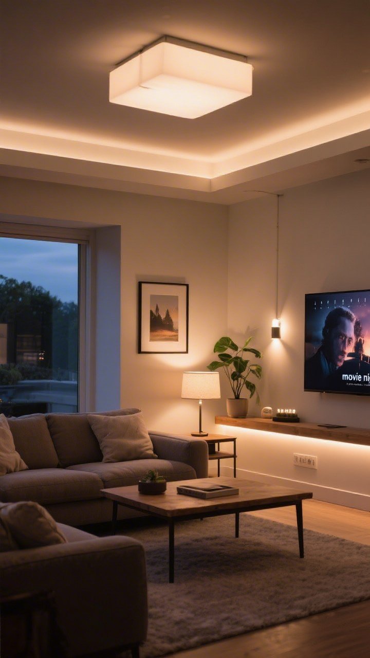 A wide living room shot demonstrating layered lighting: ambient glow from a soft-diffused ceiling fixture, task lighting from a table lamp on a side table and a picture light above framed art, and accent lighting from a small LED uplight washing a plant and a subtle LED strip under a shelf; smart bulbs set to a warm evening “movie night” scene