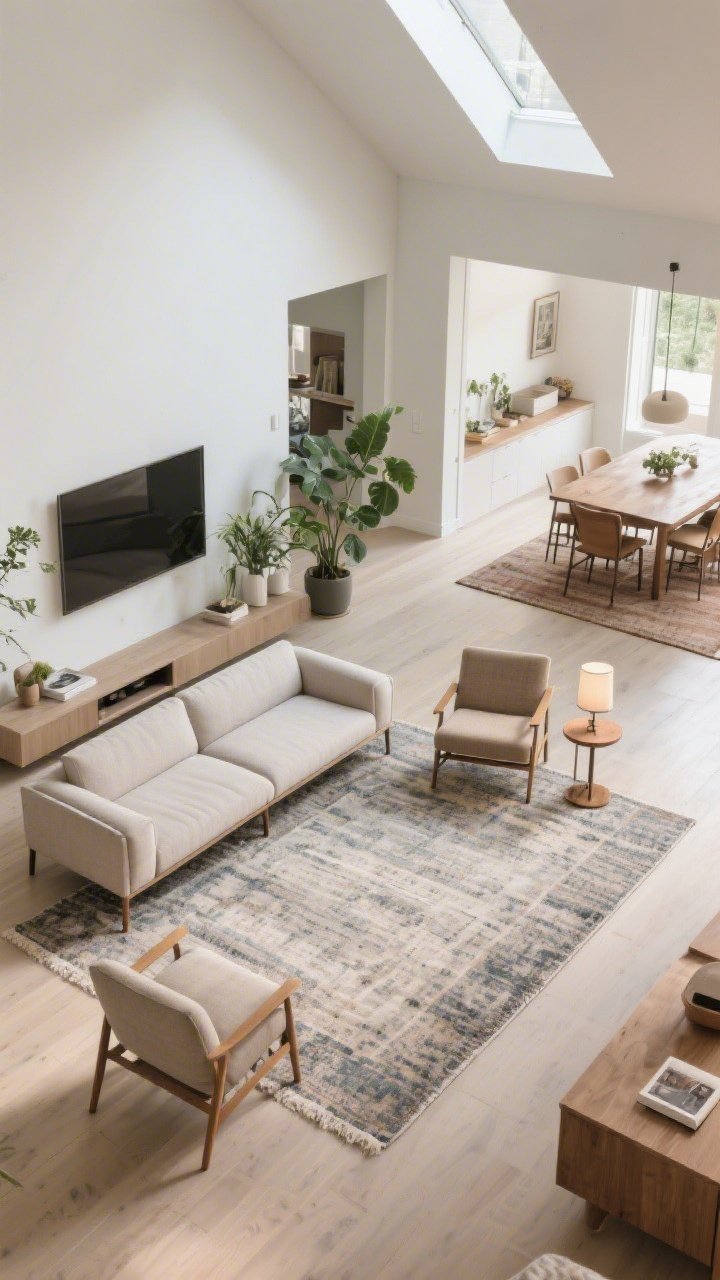 A wide open-plan living area showing zones: a living room rug sized to sit under the front legs of the sofa and chairs, a sofa floated slightly off the wall with a narrow console behind it, and a small reading nook defined by a separate rug with a chair, side table, and lamp; a plant cluster subtly divides dining and lounge areas; overhead perspective from a corner, balanced daylight.