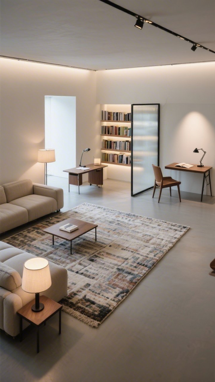 A wide overhead-angled shot defining zones in a studio: one large rug unifying a lounge with a sofa and floor lamp, a smaller rug under a compact desk with a task lamp, a bookshelf used as a light-permeable room divider, and a chair angled to frame the reading area; layered lighting (overhead, floor, desk), calm purposeful layout, photorealistic