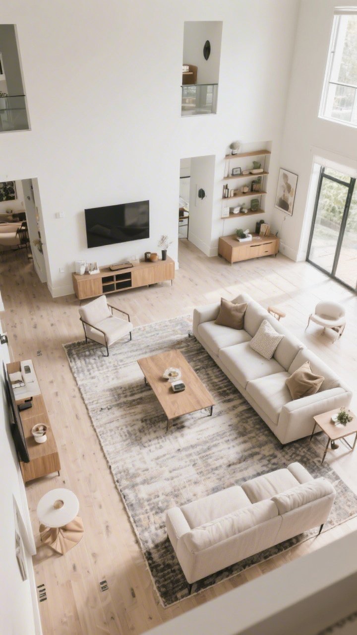 A wide overhead layout diagram-style photo of a living room: furniture floated off walls, 30–36 inch walkways, 15–18 inches between coffee table and sofa; area rugs aligning with seating zones to define spaces; camera perspective reveals balanced proportions and improved flow; bright, even natural light