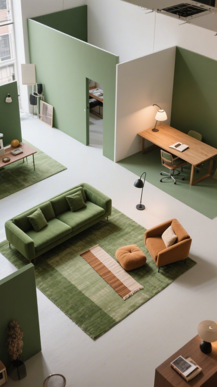 A wide overhead shot defining zones in a studio: a moss-green accented lounge area with a rug under the sofa, a warm tan reading corner with a small runner and floor cushion, and a desk zone signaled by a task lamp; clear pathways between zones, repeated color accents per area, and soft, even lighting to reinforce distinct functions without walls