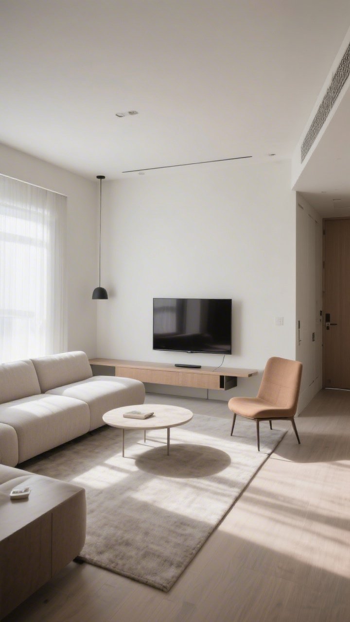 A wide shot of a compact living room layout: a small sofa floated slightly off the wall creating clear pathways, a single accent chair opposite, a round coffee table for easy circulation, and a slim console holding a TV as the focal point; a narrow console or bench behind the sofa subtly defining the entry zone; balanced, natural daylight with gentle shadows