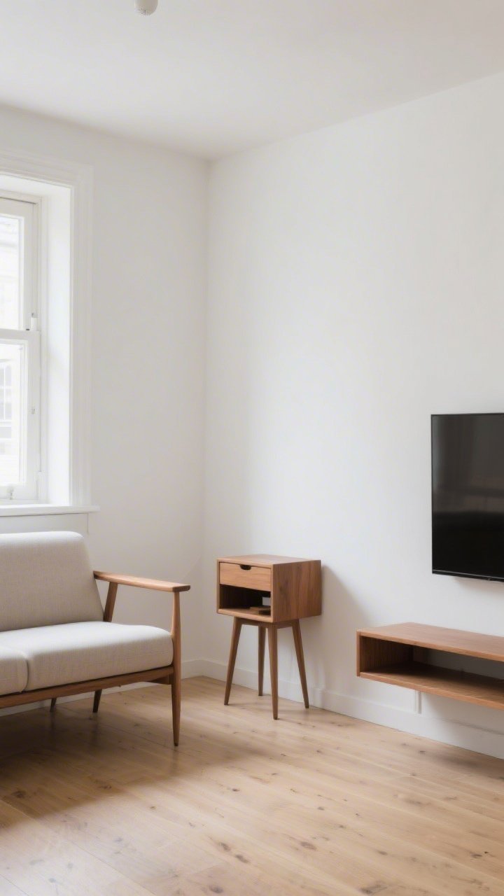 A wide shot of a compact living room showcasing furniture on slim tapered legs: a mid-century loveseat with slender wooden legs, an open-base nightstand repurposed as a side table, and a floating media console exposing more floor; light walls, pale oak floors, soft natural light, airy negative space with a clean, breathable feel