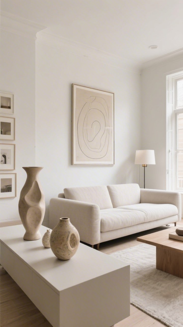 A wide shot of a freshly edited living room styled like a pro: surfaces cleared and rebuilt with three items max on the console (a tall sculptural vase, a small ceramic object, and a soft organic element), art from a hallway now centered above the sofa as one large statement piece instead of multiple small frames, lamps swapped between rooms for balance; neutral palette, breathing room, straight-on perspective, bright diffused daylight.