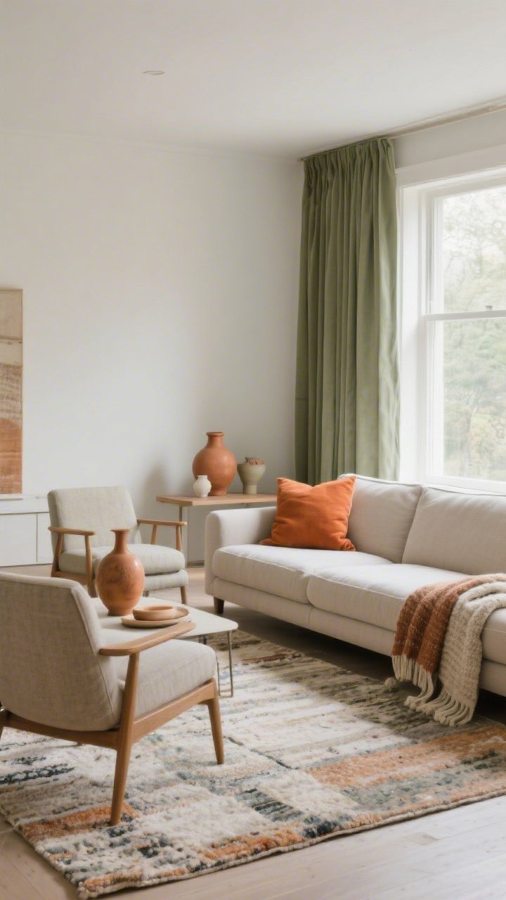 A wide shot of a living room illustrating a three-shade color story: dominant neutral walls/large rug/sofa (60%), secondary muted sage curtains and accent chairs (30%), and a 10% pop of terracotta in pillows, vases, and a throw; textures layered for interest (linen, wool, ceramic); natural daylight, cohesive and calm palette; photorealistic clarity.