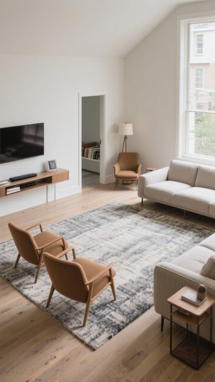 A wide shot of a living room rearranged for flow: the sofa floated a few inches off the wall to create depth; two accent chairs angled toward each other forming a conversation area rather than facing the TV; a large area rug defining the seating zone with front legs of furniture on it; a narrow console demarcating a small entry zone; a cozy reading nook in the corner with a chair and lamp; diagonal placement of one chair to resolve an awkward wall; clear traffic paths visible; corner angle viewpoint