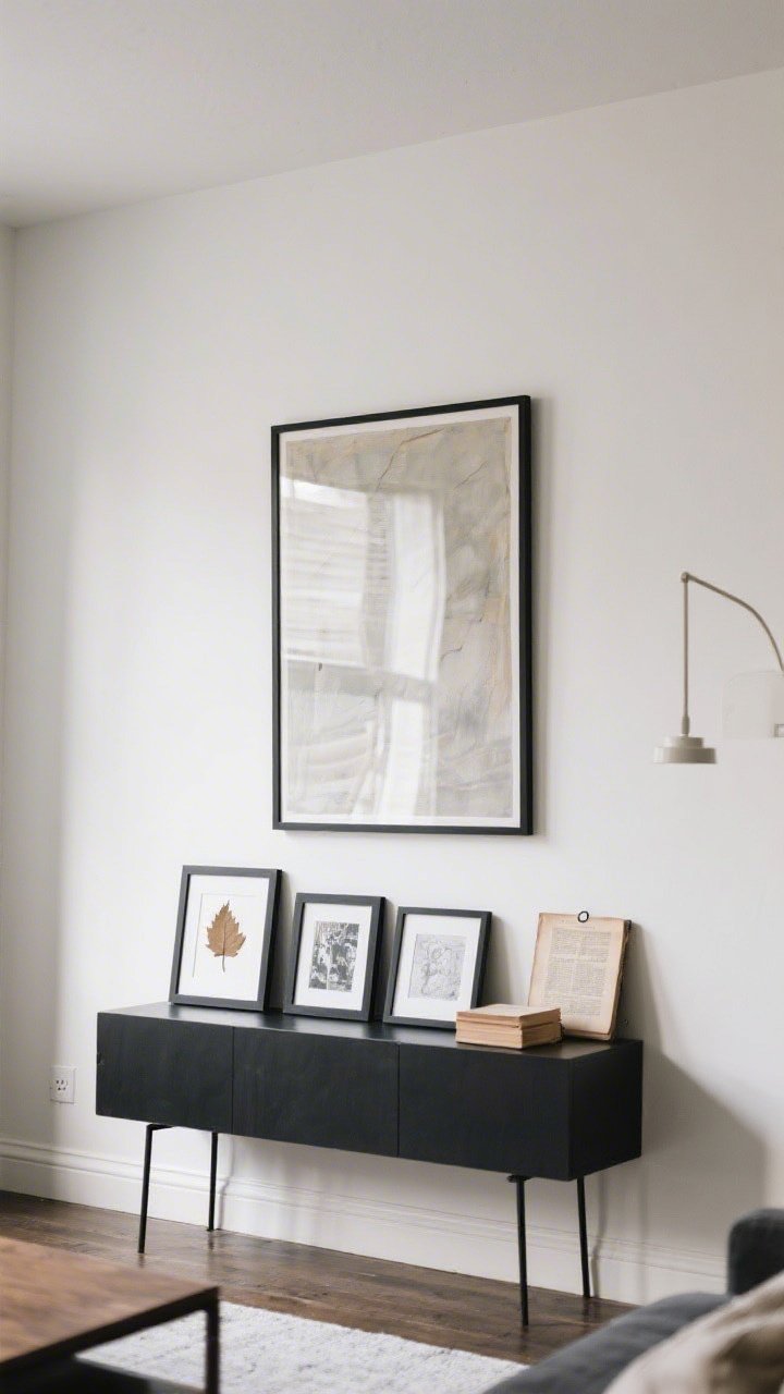 A wide shot of a living room wall featuring one oversized art piece centered over a console, complemented by a small gallery grouping with consistent black frames; include personal-feeling art like a framed pressed leaf and a vintage book page; use command strips (subtly visible) to imply renter-friendly hanging; balanced daylight for true color.