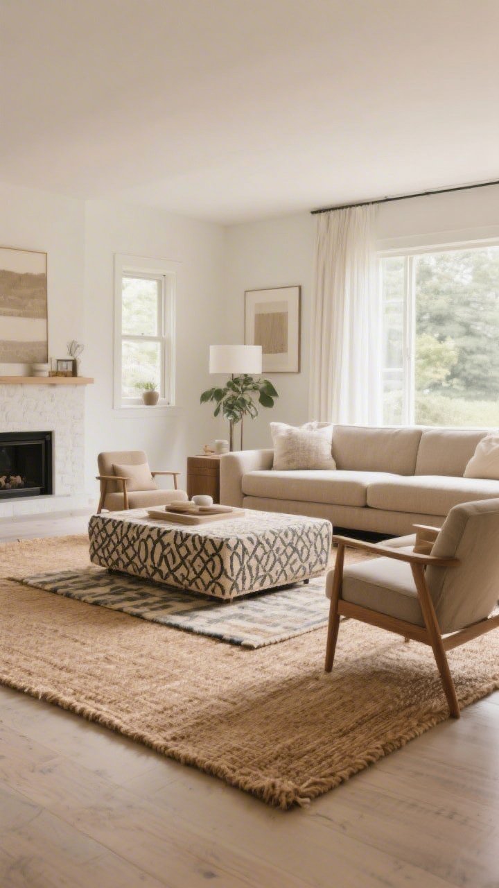 A wide shot of a living room with a correctly sized rug: a warm-neutral large rug grounding the space with front legs of the sofa and chairs resting on it; a patterned smaller rug layered over a larger jute base for impact; furniture arranged cohesively, natural daylight and a calm, intentional layout