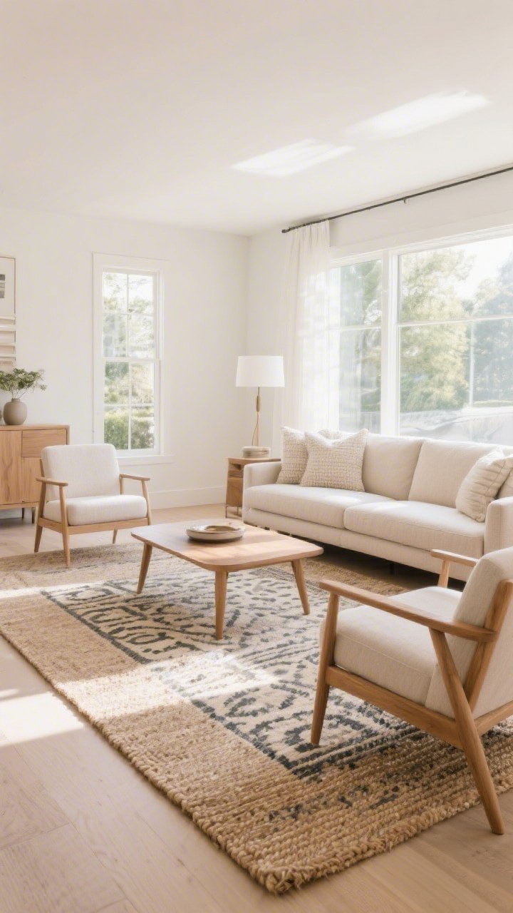 A wide shot of a living room with a properly sized rug: an 8x10 neutral jute rug layered under a patterned rug anchoring the seating; front legs of sofa and chairs on the rug; coffee table centered with 15–18 inches to the sofa; light oak tones and cohesive palette; bright daytime lighting that frames the space