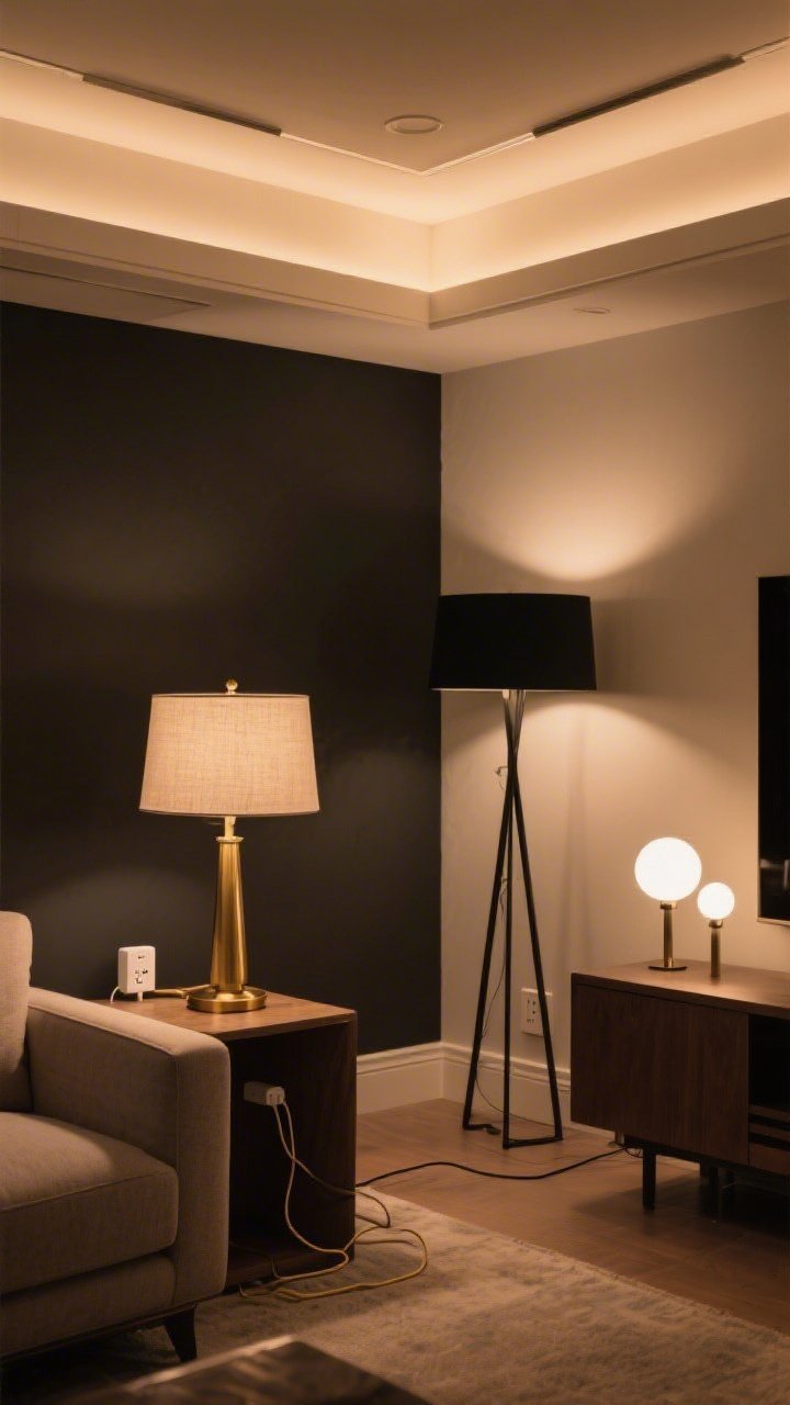 A wide shot of a living room with layered lighting: overhead lights dimmed, a brass table lamp with a linen shade glowing in a formerly dark corner, and a matte black floor lamp adding balance on the opposite side. Warm white bulbs at 2700–3000K bathe the space in cozy light. A smart plug sits discreetly behind the side table, and cords are neatly hidden along furniture edges. The mood feels warm and high-end, no harsh glare.