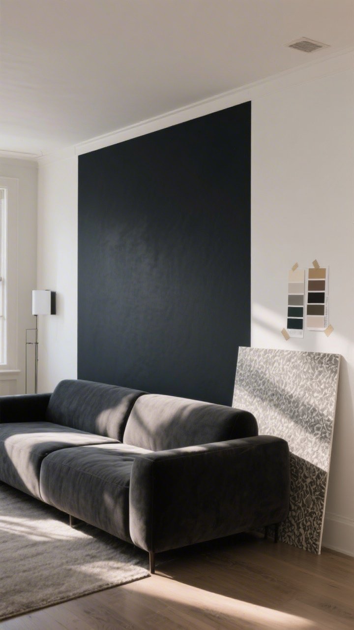 A wide shot of a modern living room featuring a single accent wall painted deep charcoal behind a low-profile sofa, with the remaining walls in soft warm white; matte finish on the charcoal wall to hide imperfections, afternoon natural light casting soft shadows, paint swatches taped on adjacent walls, and an optional peel-and-stick textured wallpaper panel sample leaning nearby for contrast; moody, cozy vibe