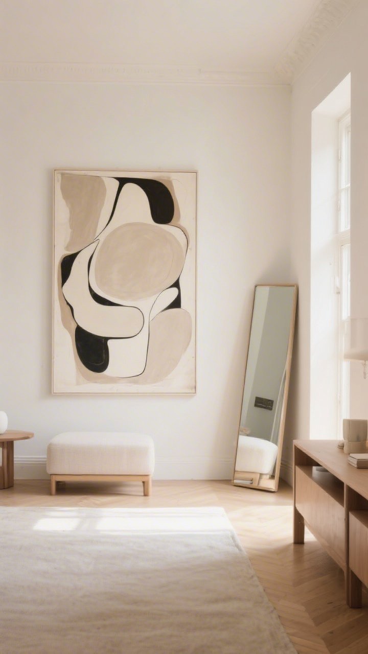 A wide shot of a serene room featuring one bold statement: an oversized abstract art print in a neutral palette on a warm white wall; the rest of the decor kept quiet with simple furnishings; a tall leaning mirror on the adjacent wall bouncing light; minimal accessories, clean lines, and bright, diffused daylight.