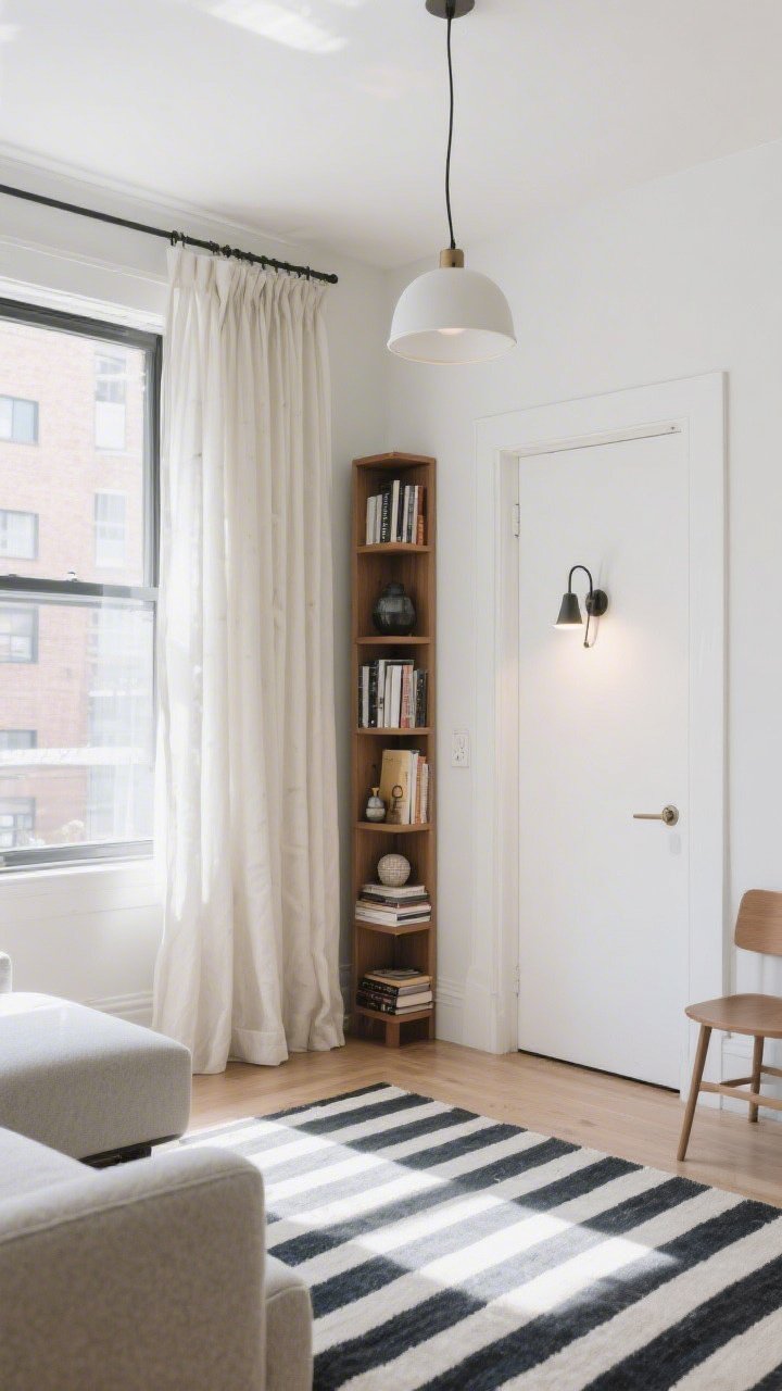 A wide shot of a small living room emphasizing verticality: tall, skinny bookcase with a few styled objects and breathing space at the top; curtains hung 10 inches above the window and extending past the frame to fake bigger windows; a plug-in wall sconce and a simple ceiling pendant replacing floor lamps; a vertical striped rug aligned with the entry view to stretch the room visually; bright, upward-drawing daylight